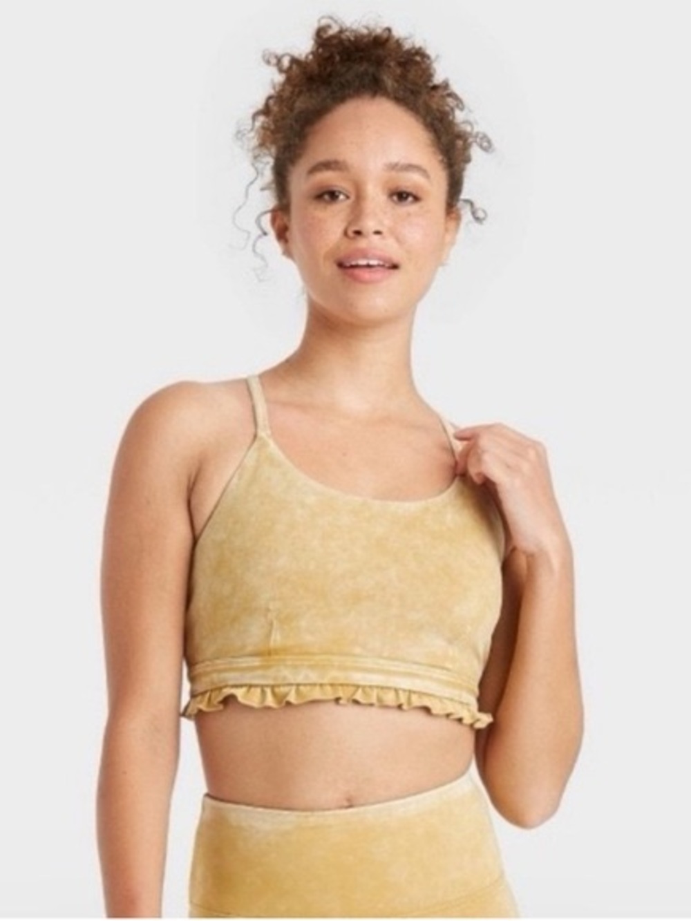 JoyLab Sports Bra M Mustard Yellow Ruffle Hem Strappy Back Padded Yoga Pilates